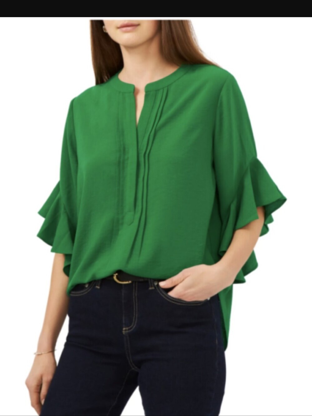 NWT Vince Camuto Ruffle Sleeve Split Neck Top Blouse Green Oversized Sz S